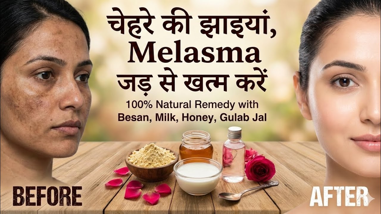 चेहरे से झाइयां, Melasma जड़ से खत्म करे  |  100% Natural Remedy with Besan, Milk, Honey, Gulab Jal