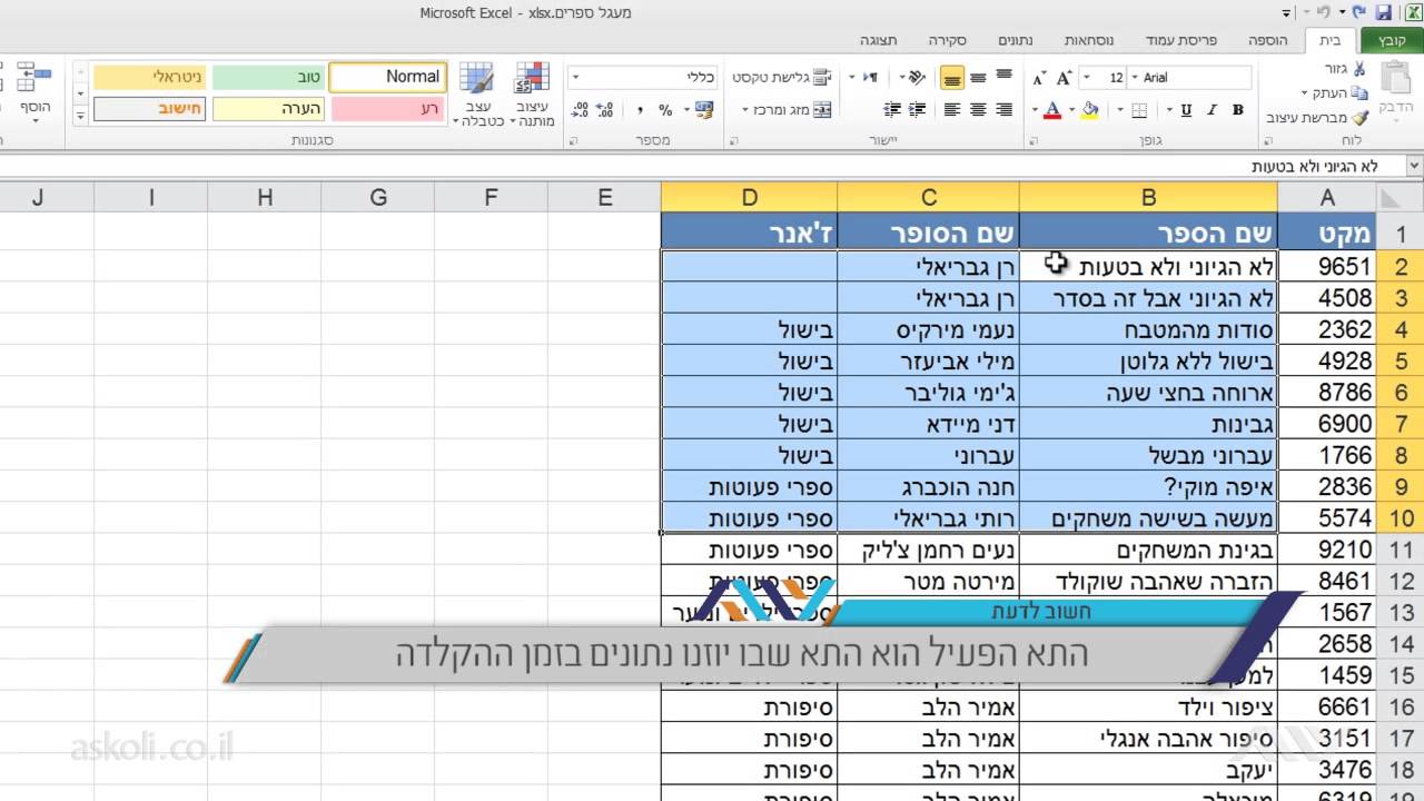 אקסל - EXCEL | 5 - סימון עמודות שורות טווחים
