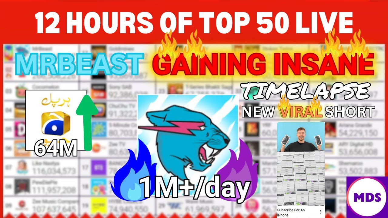 12 Hour Timelapse Of MDM's Top 50 Livestream - MrBeast Gaining Insane!