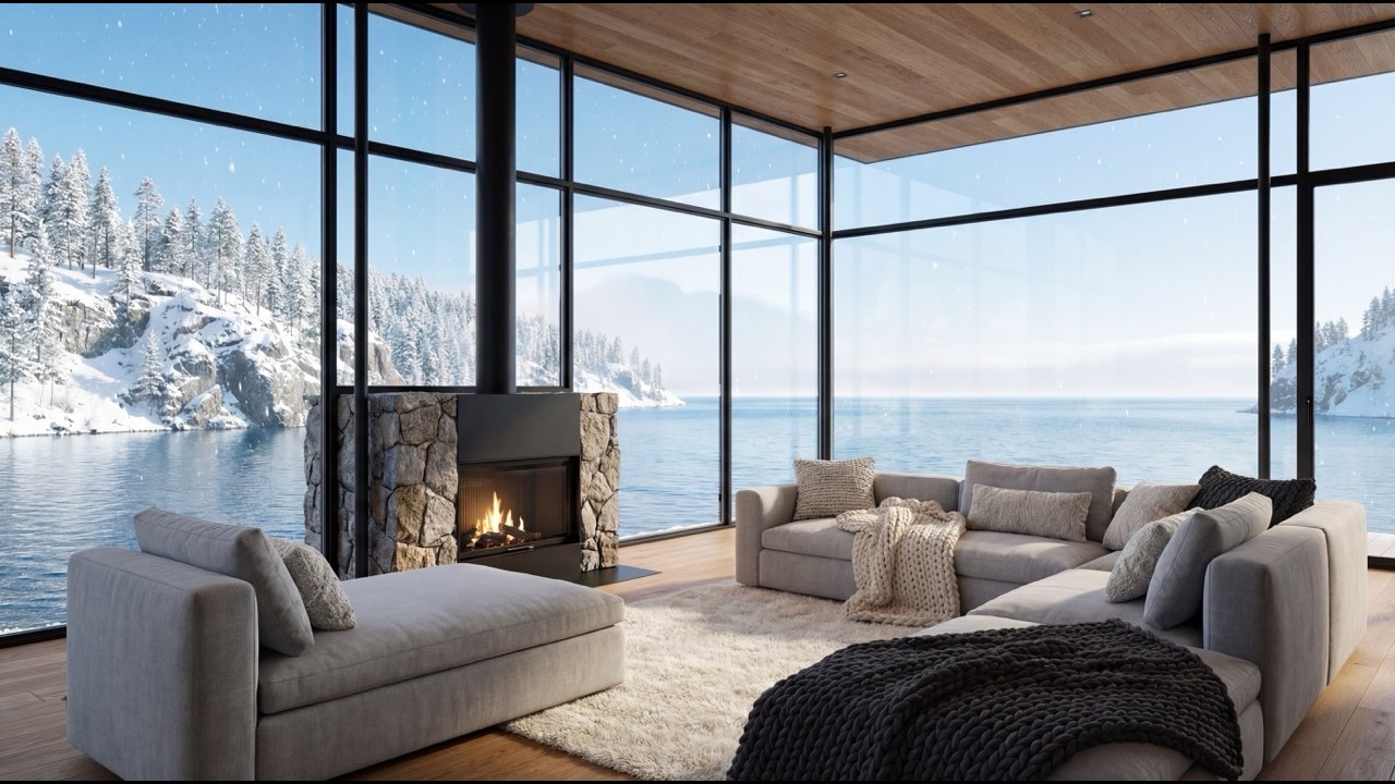Modern Fireplace Retreat | Calm Water Ambience for Deep Relaxation
