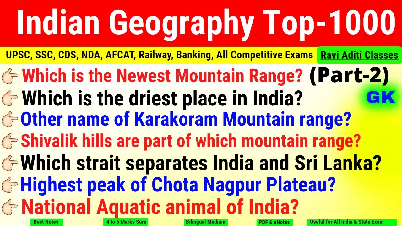 Indian Geography in English | Geography Top 1000 Questions Part 2 | upsc, ssc, cds, railway, afcat