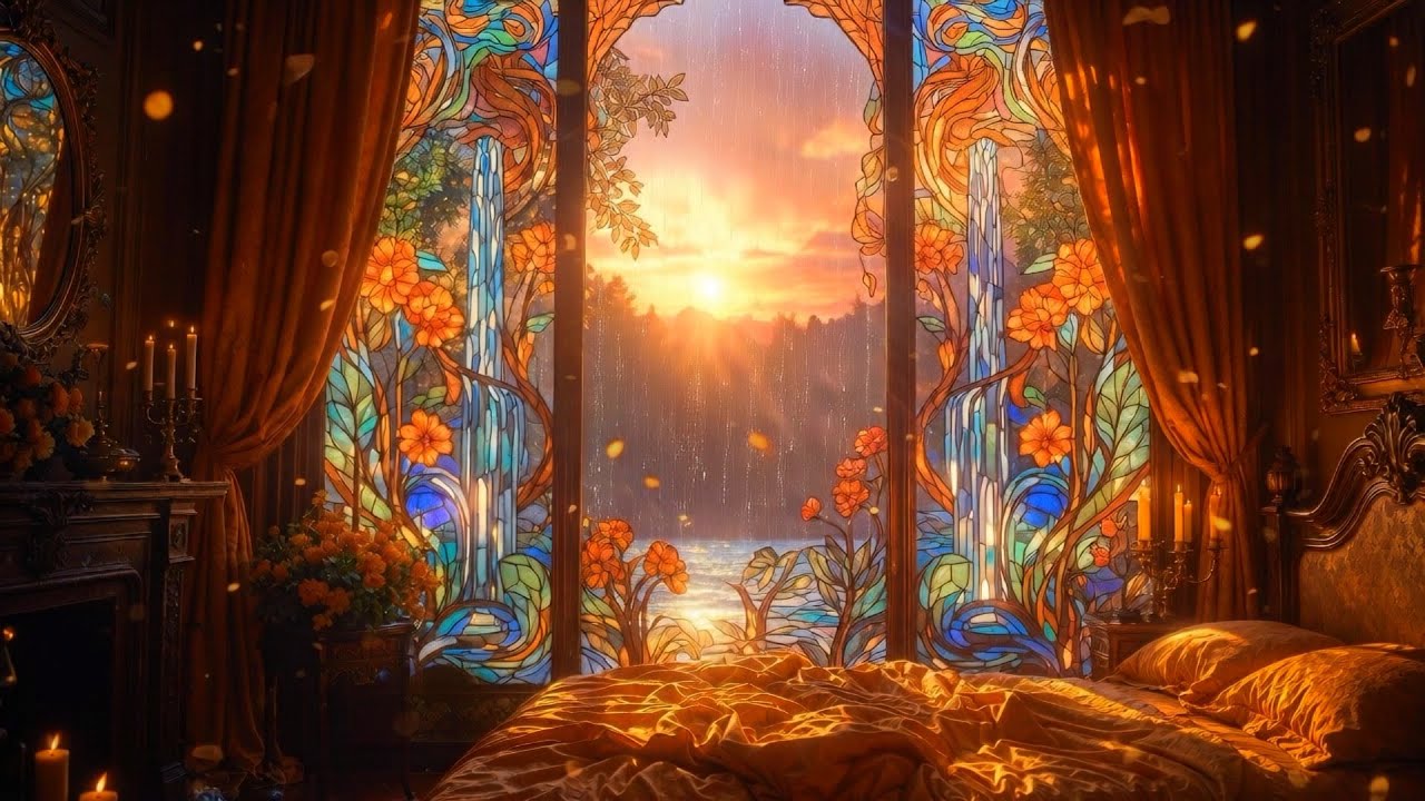 Rain on a stained glass window: Romantic, Victorian Amber Bedroom, candlelight & rain for sleeping.