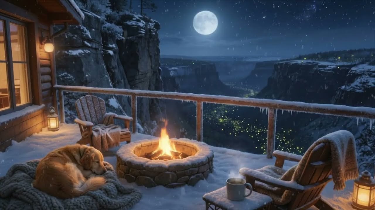 Moonlit Cliffside Fire 🔥 Cozy Winter Balcony with Sleeping Dog & Canyon Night Ambience