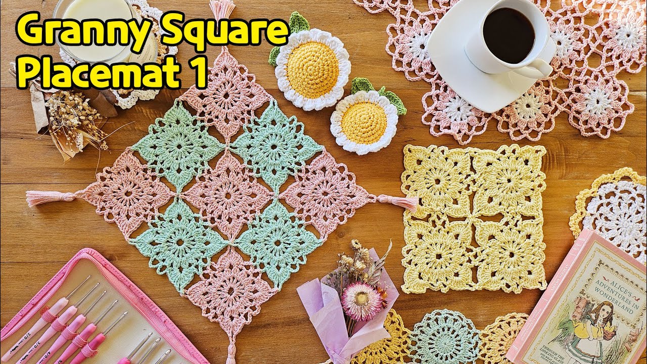 [SUB ENG] Lovely Granny Square Placemat 러블리 그래니 스퀘어 티매트 테이블러너 식탁보 쉬운 모티브뜨기 코바늘 컵받침 티코스터 왕초보용 무료도안 첨부