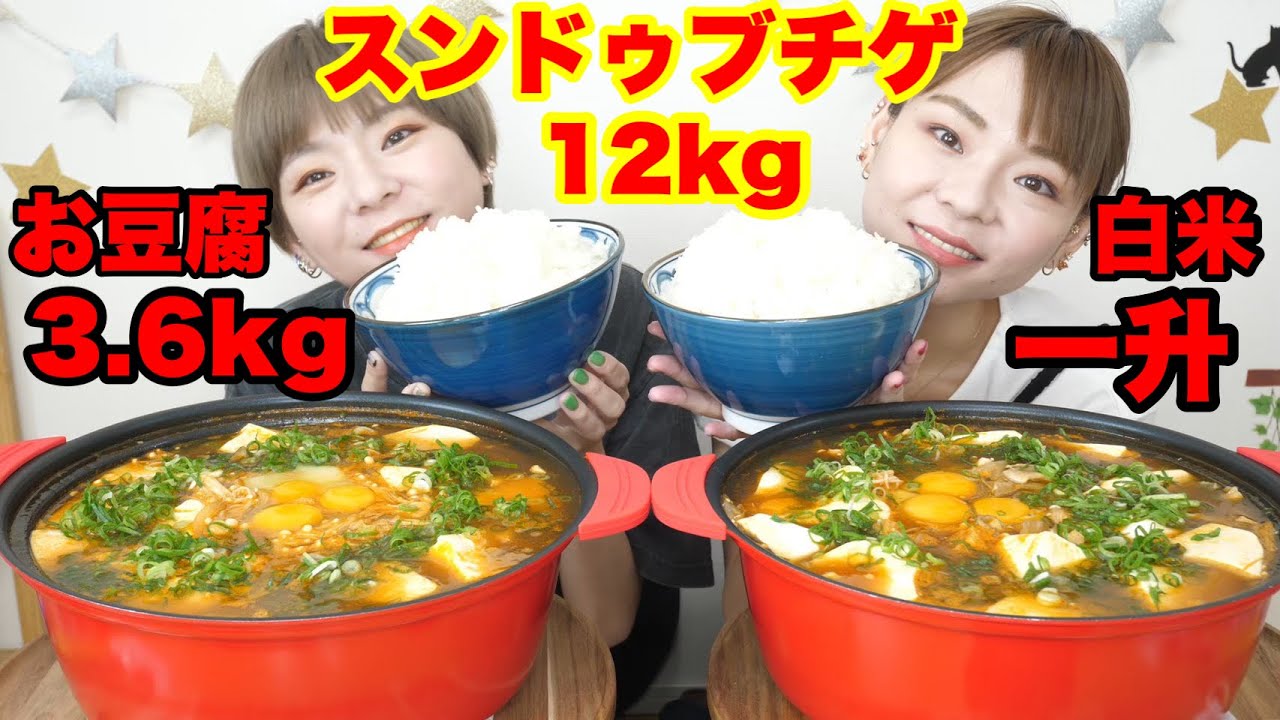 【大食い】豆腐１２丁使って１２kgの海鮮スンドゥブチゲ＋山盛りご飯４杯！！【双子】