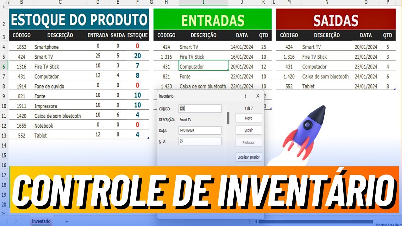 SISTEMA DE INVENTÁRIO para ENTRADAS, SAÍDAS e controle de ESTOQUE com FORMULÁRIO em Excel