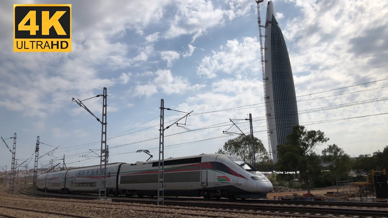Spéciale en 4K, la circulation des trains entre Salé et Rabat vue sur la Tour Mohammed VI.