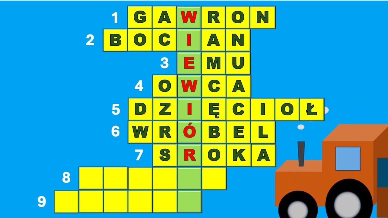 Krzyżówka dla dzieci - WIEWIÓRKA. Zwierzęta i ich odgłosy. Litery polskie.