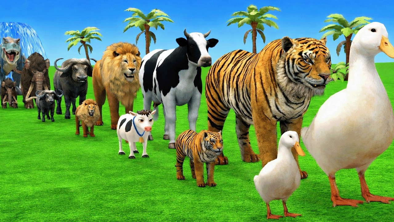 Long Slide Game With Cow Elephant Gorilla Hippopotamus Tiger - 3d Animal Game - Funny 3d Animals