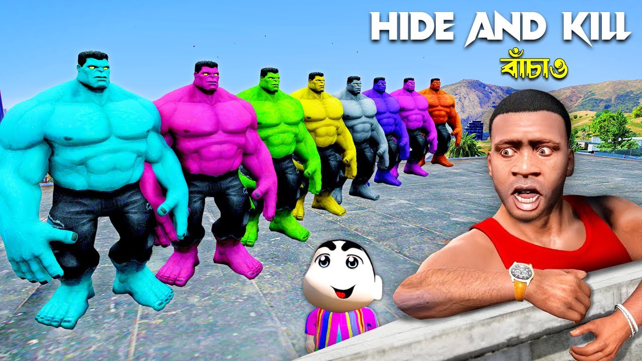 GTA 5 Bangla - Franklin and Shinchan Playing HIDE AND KILL with Colorfull Hulk team - GTA V