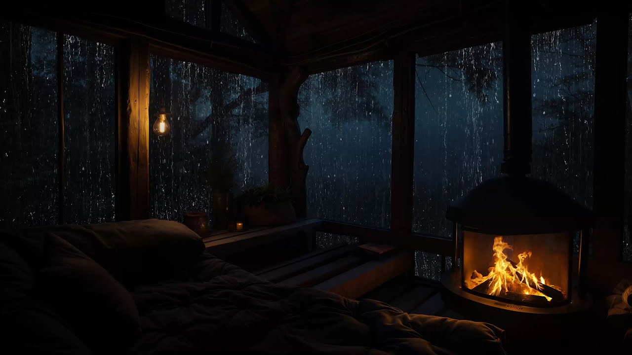 Fall into Deep Sleep with Cozy Cabin Rain & Fireplace Sounds on a Rainy Night Forest