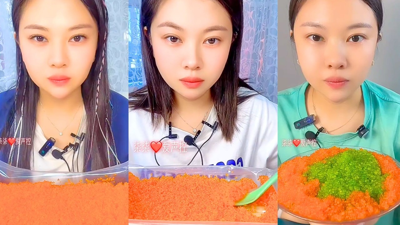 Bright Orange Fish Roe Mukbang With Green Roe Center ASMR