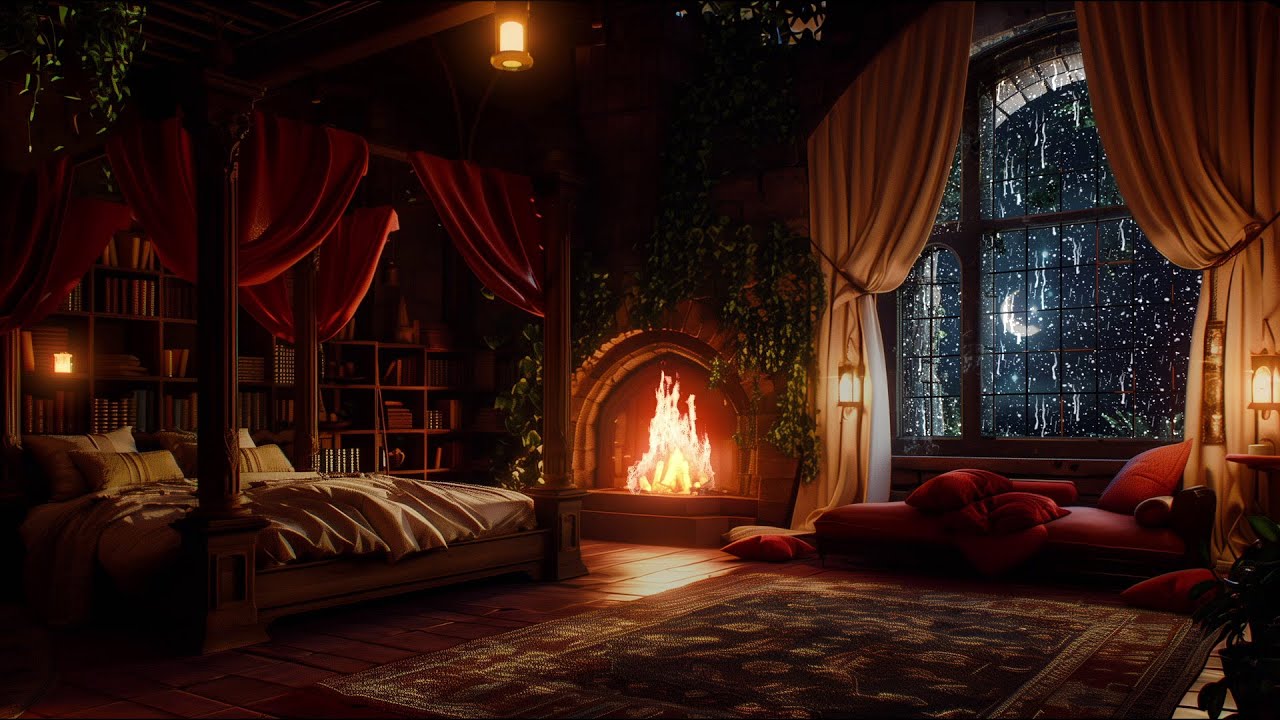 Stormy Sound Therapy - Relaxing Rain, Thunder and Fireplace Sounds in this Castle Room | 12 Hours