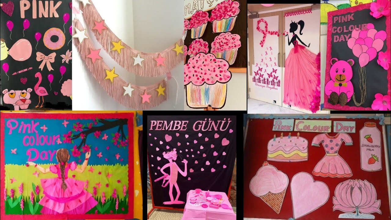 Pink colour day celebration and decoration ideas, school wall and classroom decoration ideas