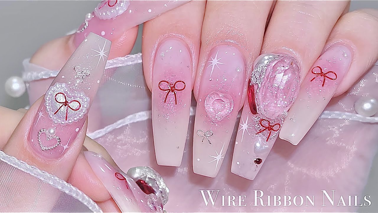 sub) Милые ногти на щеках из проволочной ленты🎀✨/🇰🇷Корейские ногти / Дизайн ногтей / ASMR
