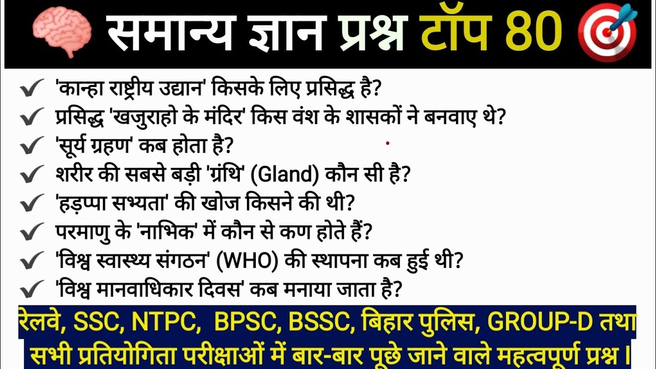सामान्य ज्ञान | General Knowledge | Top 80 GK/GS questions | Railway, NTPC, SSC, BSSC 