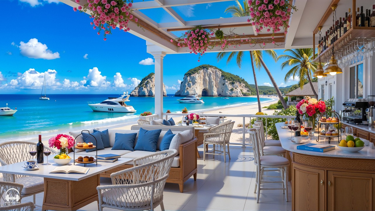 Elegant Bossa Nova Jazz & Ocean Wave Sounds at Morning Beach Cafe Ambience for Uplifting the day