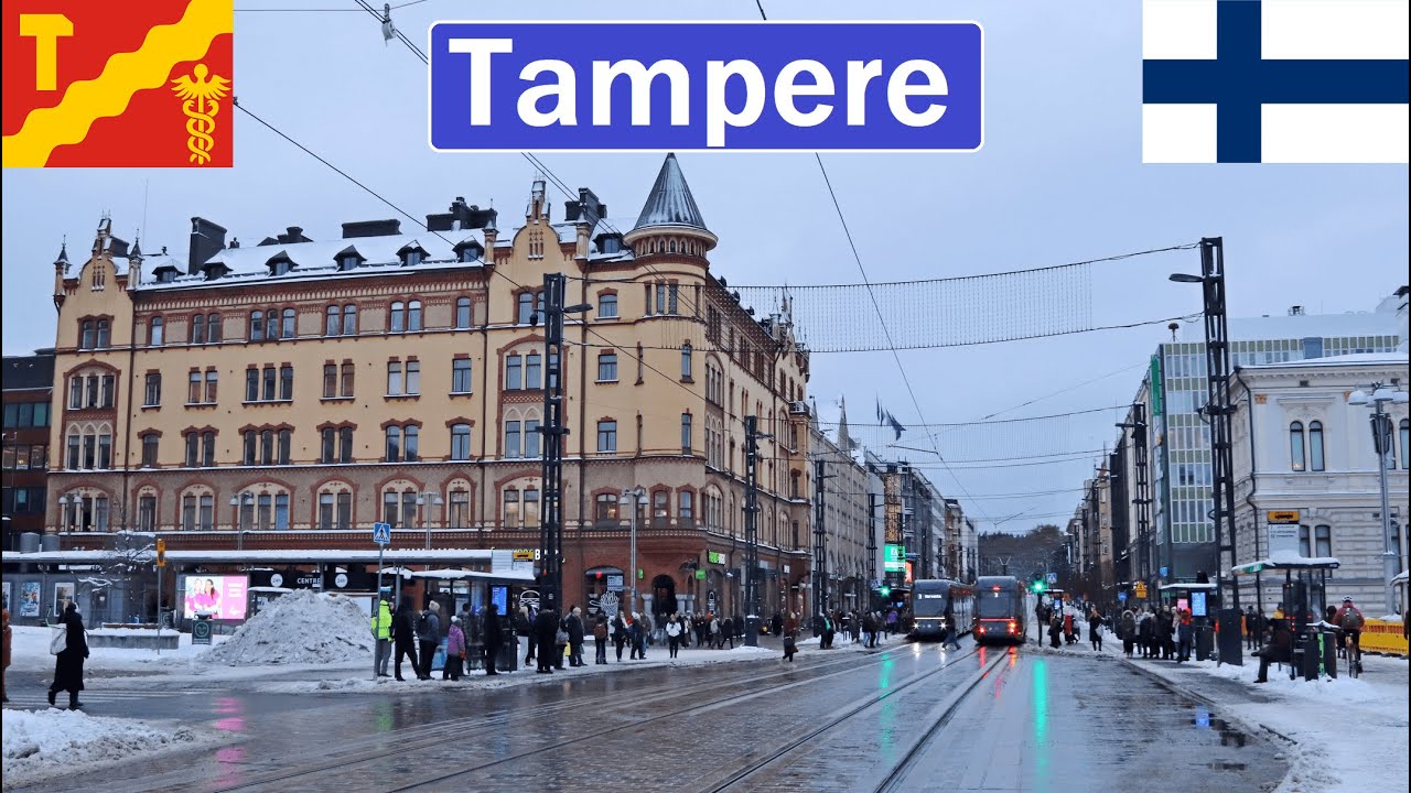Finland, Tampere walking on snowy city centre [4K]