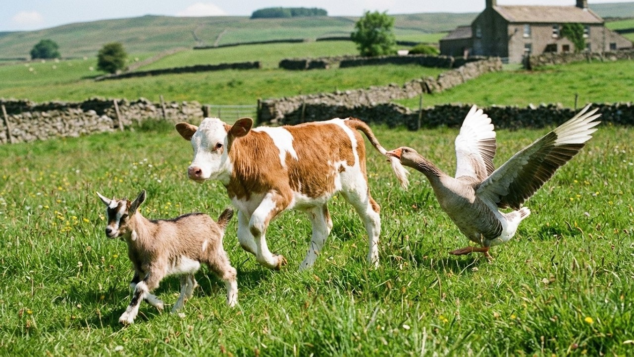 Bulls, cows, and calves happily play with geese - cows video