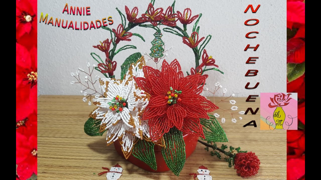 Tutorial: Como hacer la flor de Nochebuena blanca hecha con chaquira y alambre #74