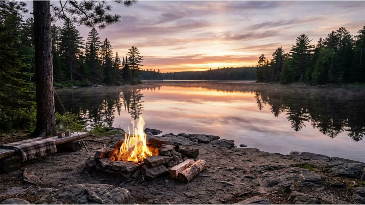 4 Hours of Peaceful Summer Sunset by the Lake 🌅 Crackling Campfire & Crickets | Relax, Sleep, Study