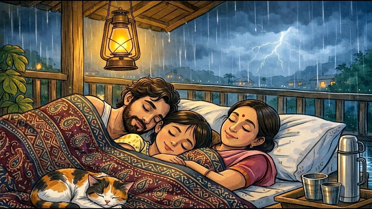 1990s Village Storm Night | Power Cut & Rooftop Sleep | Ghibli ASMR