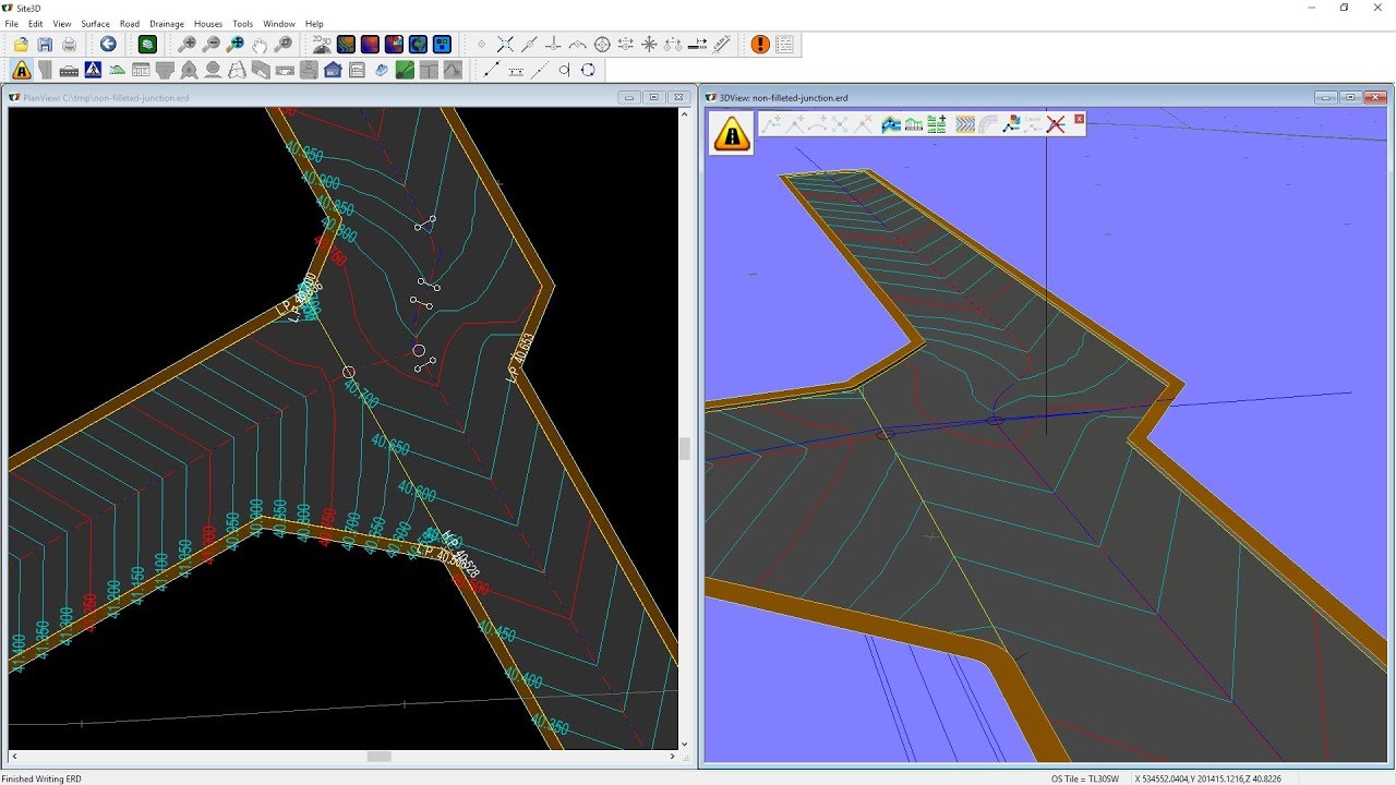 Design an angular road junction with widenings