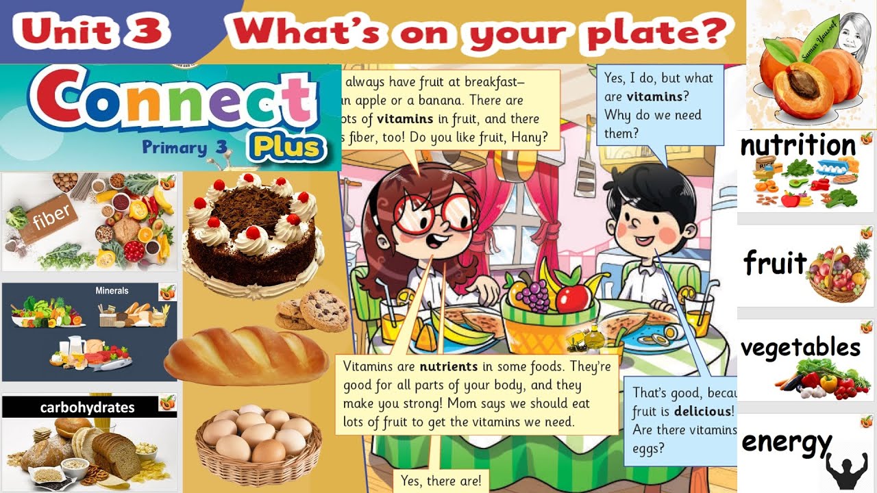 Connect plus primary 3 U 3 L1 🥝🍌🍎What&rsquo;s on your plate?🍗🥗🍖Teacher's guide  حصريا نصوص أستماع الوزارة