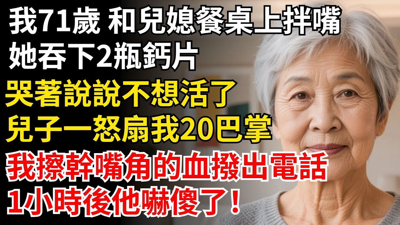 我71歲 和兒媳餐桌上拌嘴，她吞下2瓶鈣片，哭著説説不想活了，兒子一怒扇我20巴掌，我撥出電話，1小時後他嚇傻了！#晚年生活#中老年生活#為人處世#生活經驗#情感故事