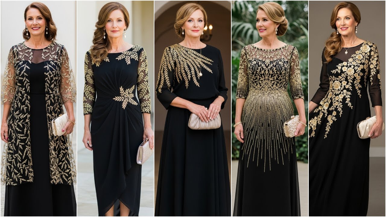 Black and Gold Mother of the Bride Dresses | Black Dresses with Gold Embroidery for Formal Weddings