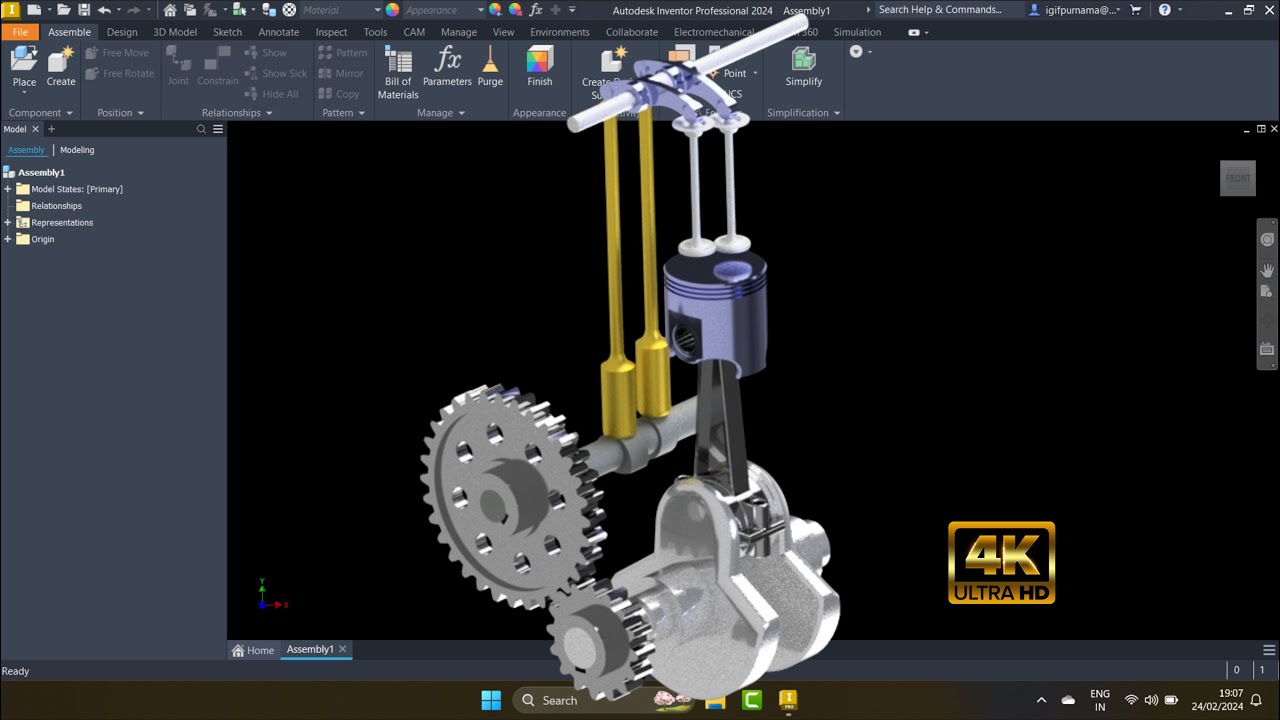 Inventor 2024 Assembly One Piston Engine dan animasi | 40k 60fps