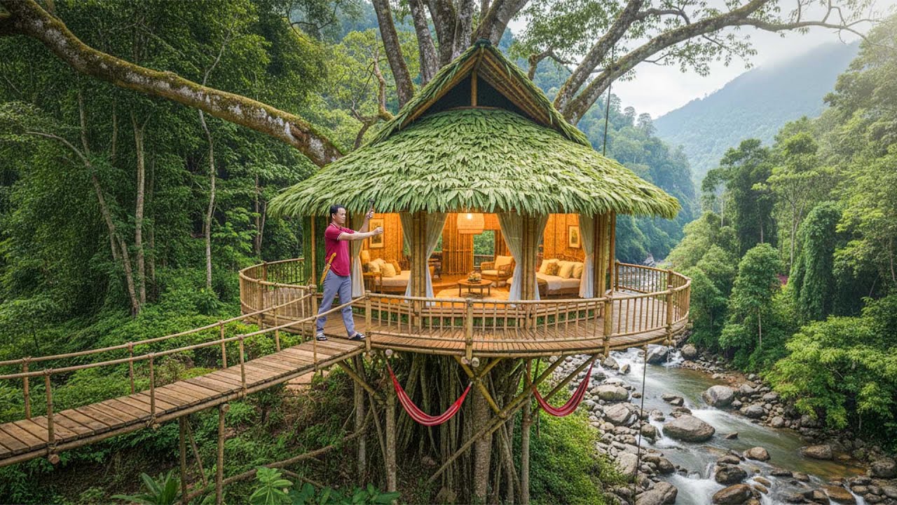 Survival Skills Building a Bamboo Tree House - Living Alone