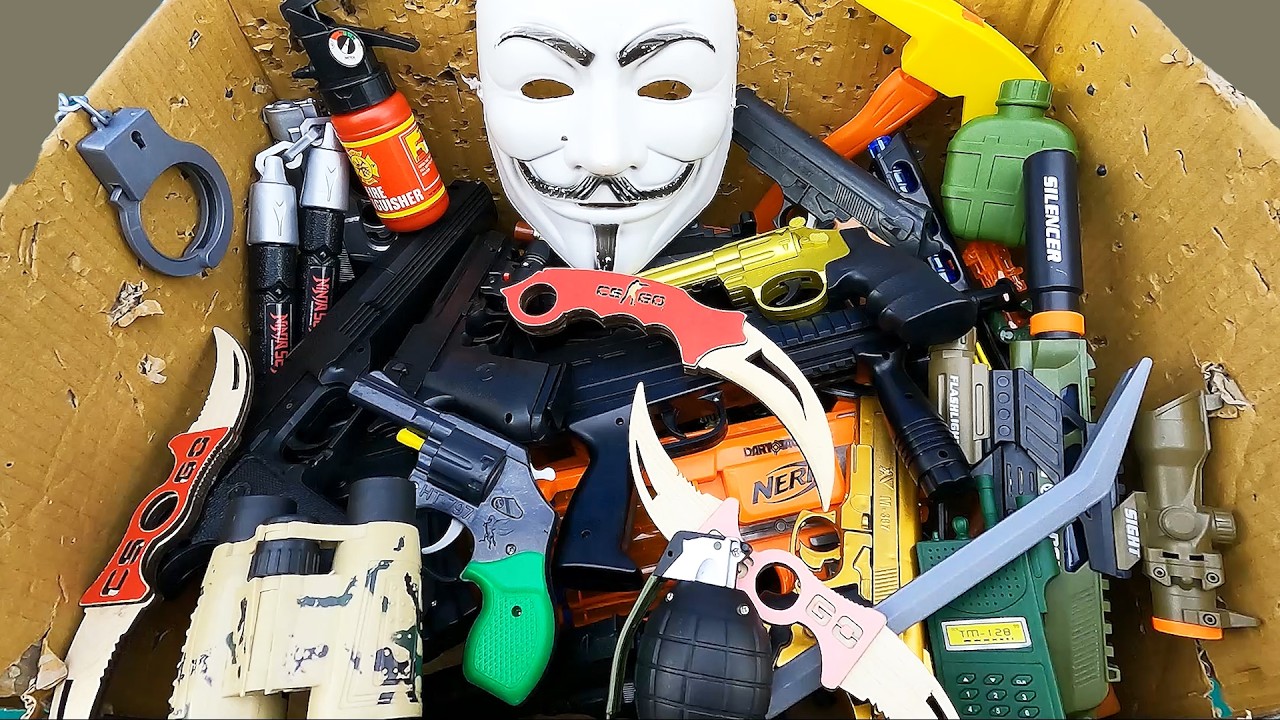 Mysterious Toy Weapon Box Reveal! Gold Pistols, AK Rifle, Nerf Revolver, V Mask, Karambit Knives