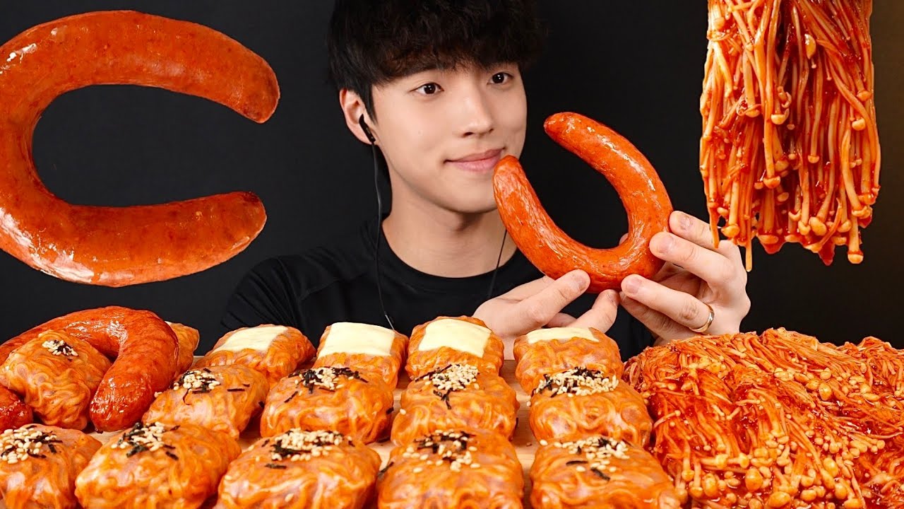 불닭 쌈 & 불닭 팽이버섯, 소시지 먹방 SPICY ENOKI MUSHROOM & FIRE NOODLE WRAPS & SAUSAGES MUKBANG ASMR