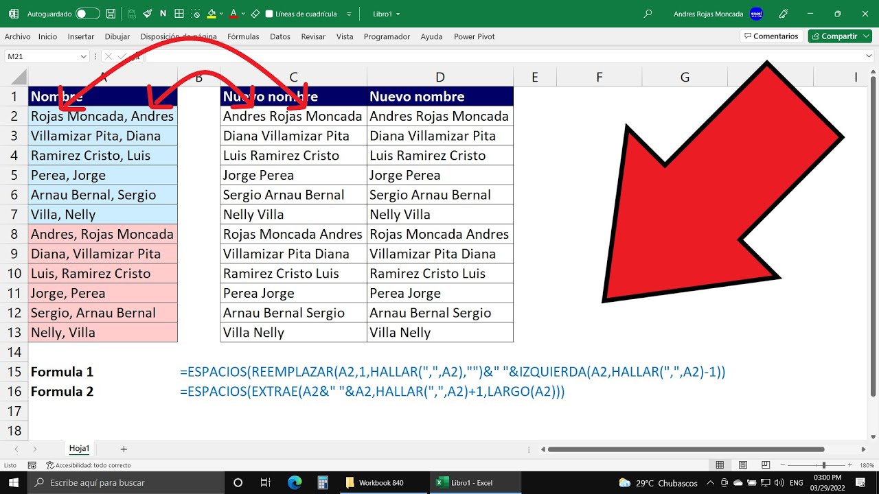 Cómo voltear, girar, o truncar un Nombre que está invertido en Excel con Fórmulas