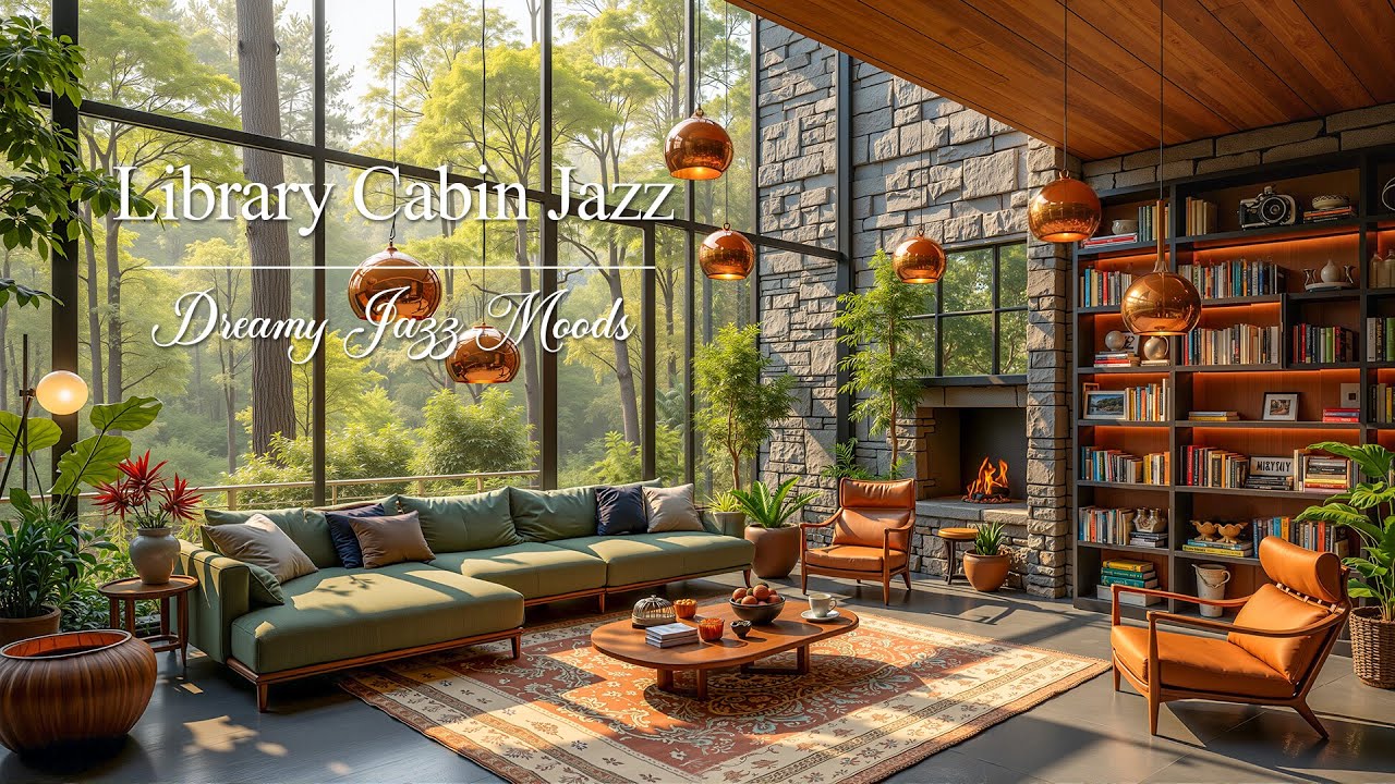 Morning Cabin Library Vibes - Smooth Jazz Music with Panoramic Forest Scenery for Reading & Unwind