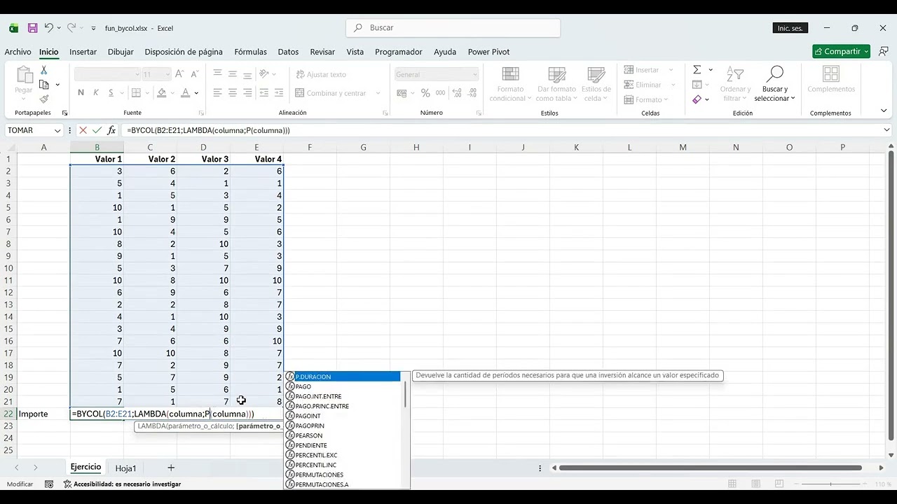 Función BYCOL en Excel.