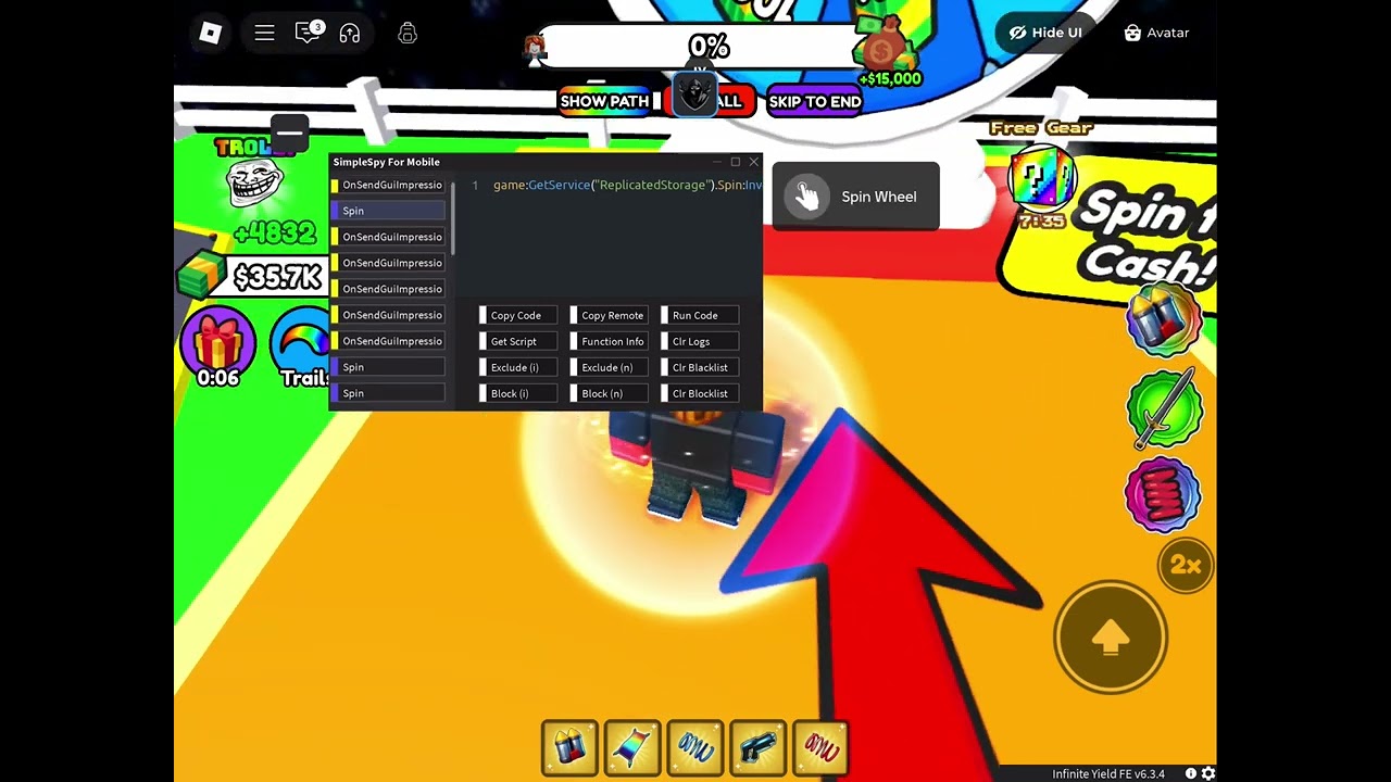 Example of how remote spy works (roblox)