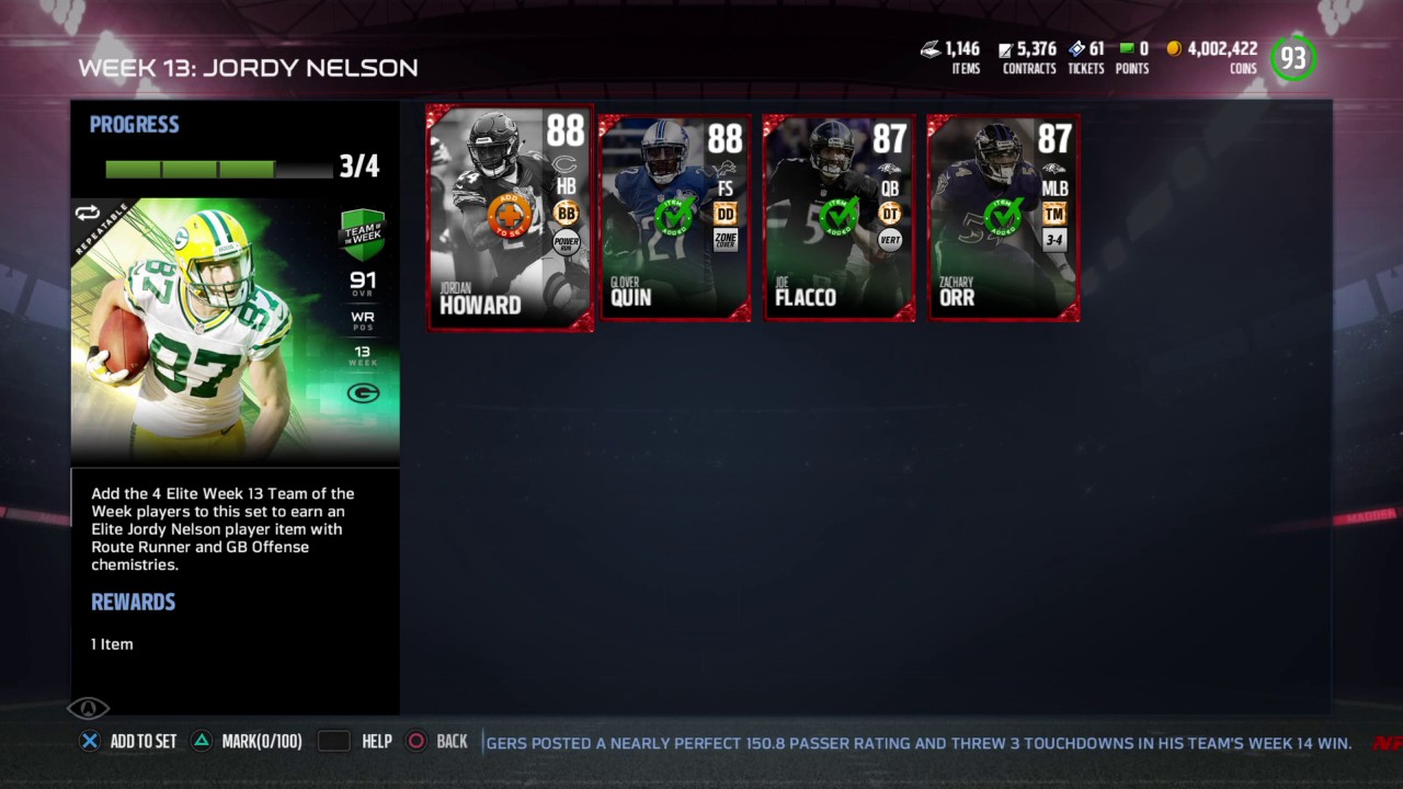 Madden NFL 17 Jordy Nelson TOTW 13 Set Collection Madden MUT 17