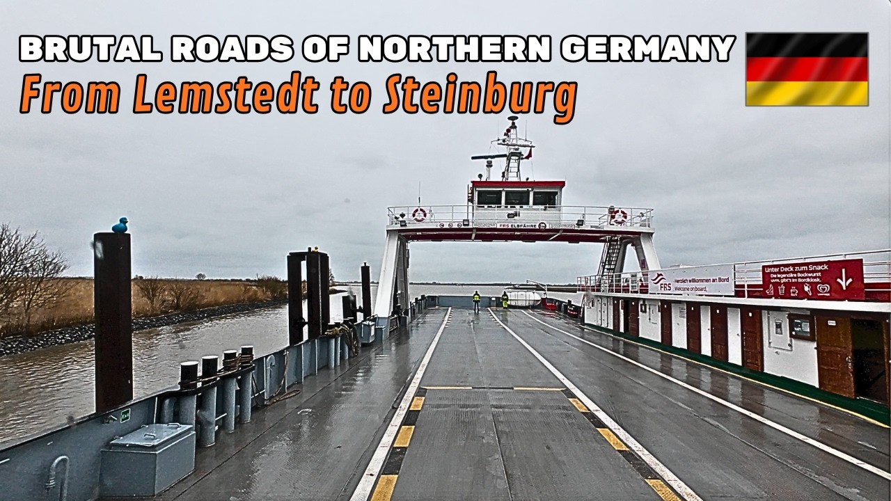 Rainy Drive Under The Gloomy Skies | 4K | Crossing The Elbe River by Ferry