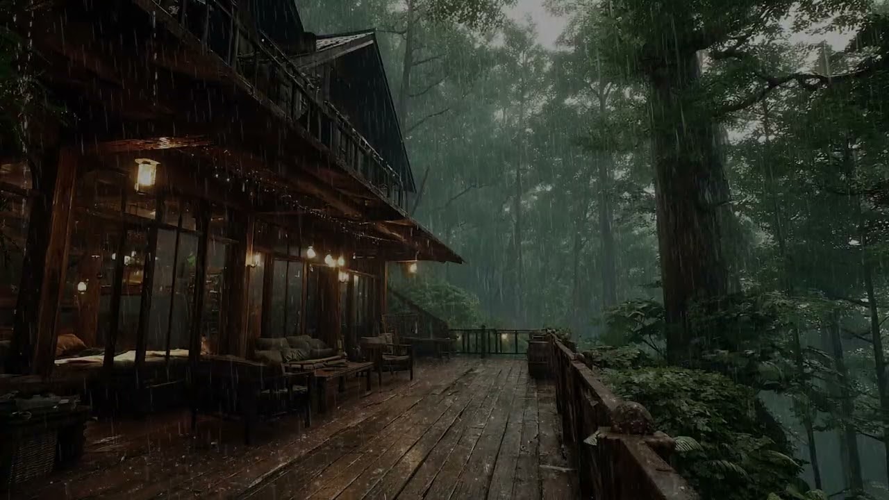 Crimson Dusk Rain Outside A Hidden Tropical House In Lush Emerald Jungle Nightfall