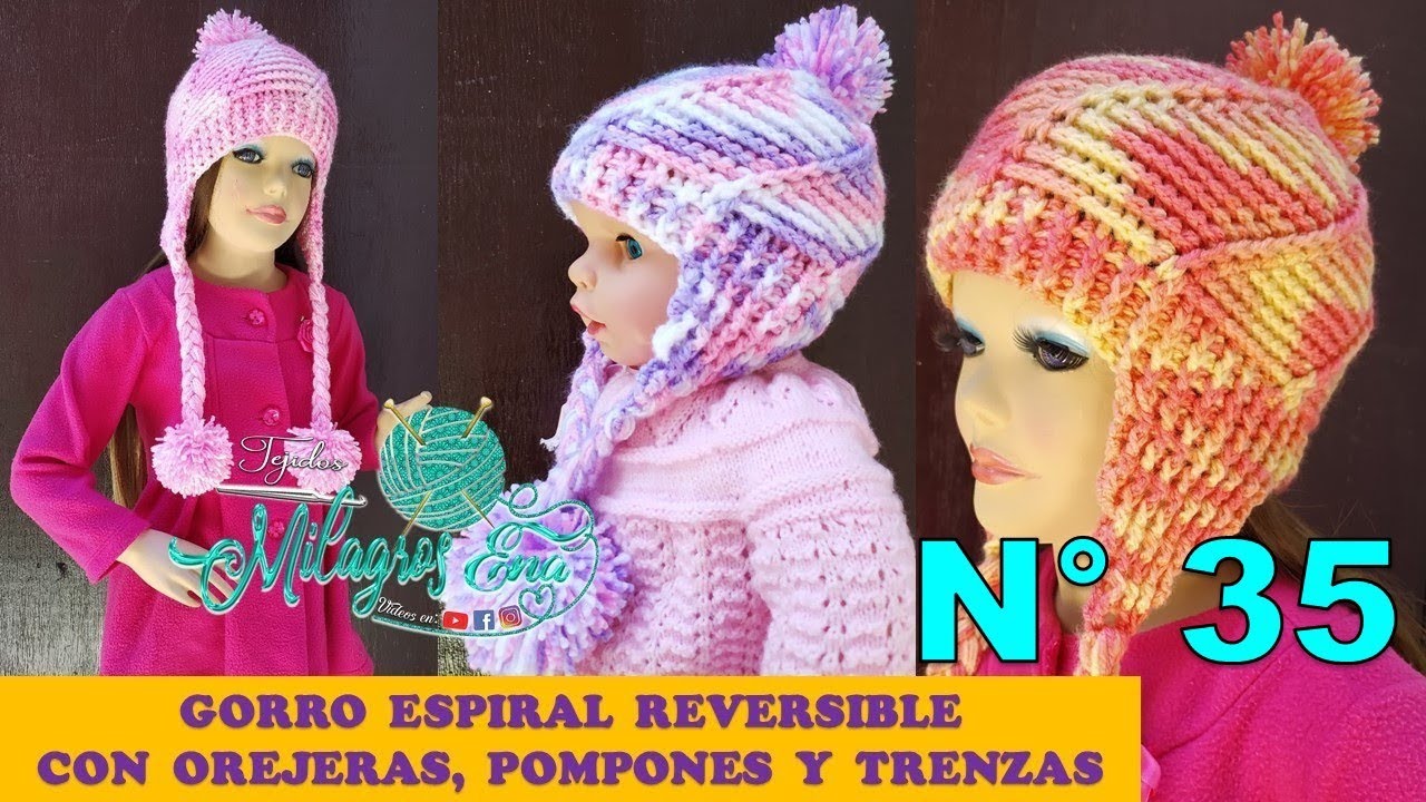 Como tejer el Gorro N° 35 o chullo a crochet en punto Espiral con orejeras y trenzas paso a paso