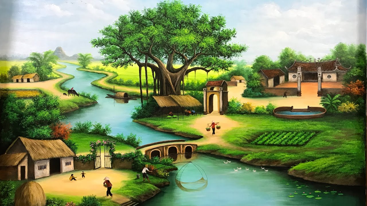 Tranh phong cảnh đồng quê. Cây đa bến nước sân đình. @TranhtườngHườngĐỗ 0367162789