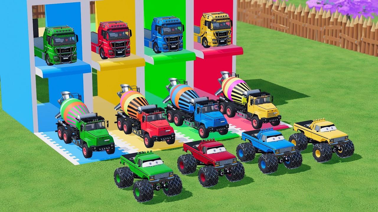Garage with Colors - ALL MIXER TRUCK WITH DOUBLE FLATBED TRAILER TRUCK, MAN, AMERICAN MIXER TRUCK
