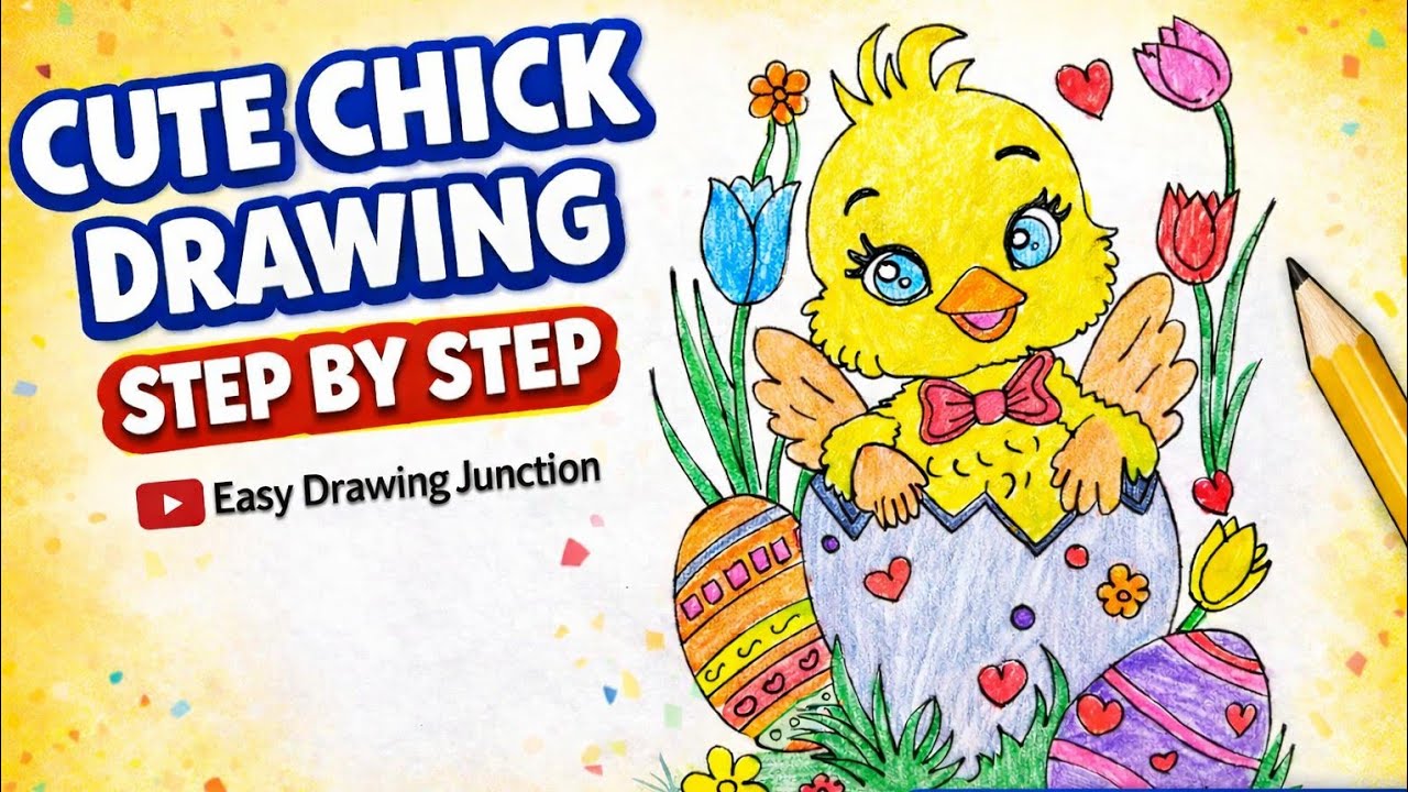 Easy Chick Drawing Step by Step|Cute Baby Chick in Egg Drawing|How to draw Baby Chick Easter Drawing