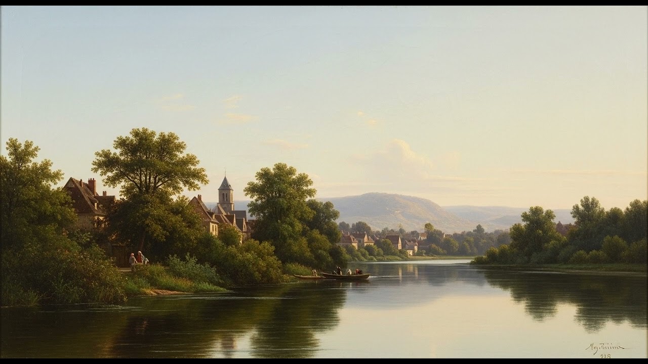 4K Digital Art Frame | Scenic River & Distant Village Painting | Ambient Art | 4K Art TV