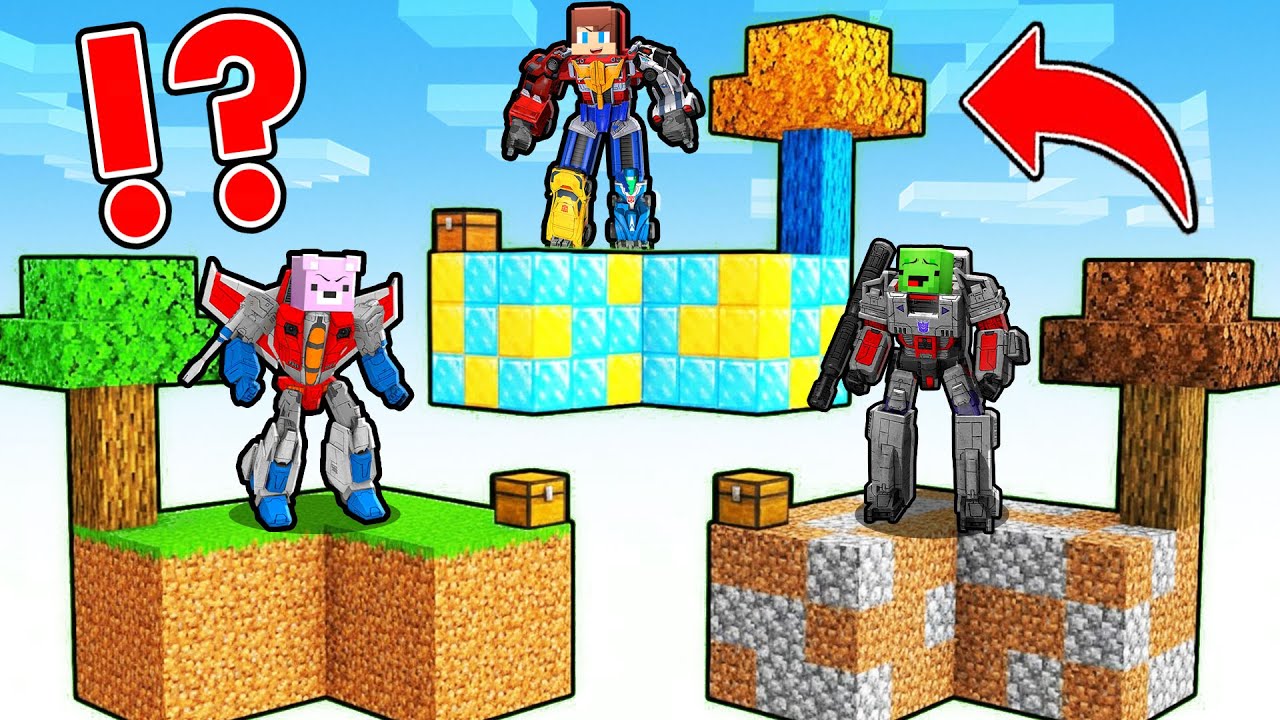 JJ optimus prime vs Mikey megatron vs Pinky starscream : SKYBLOCK BATTLE in Minecraft - Maizen