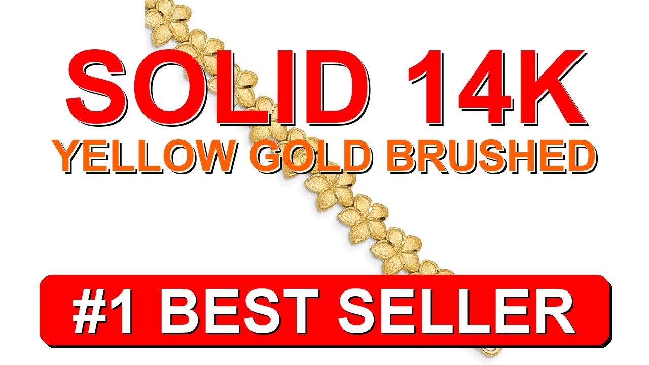 Solid 14k Yellow Gold Brushed and Diamond Cut Plumeria Bracelet with Secure - B081TM6478