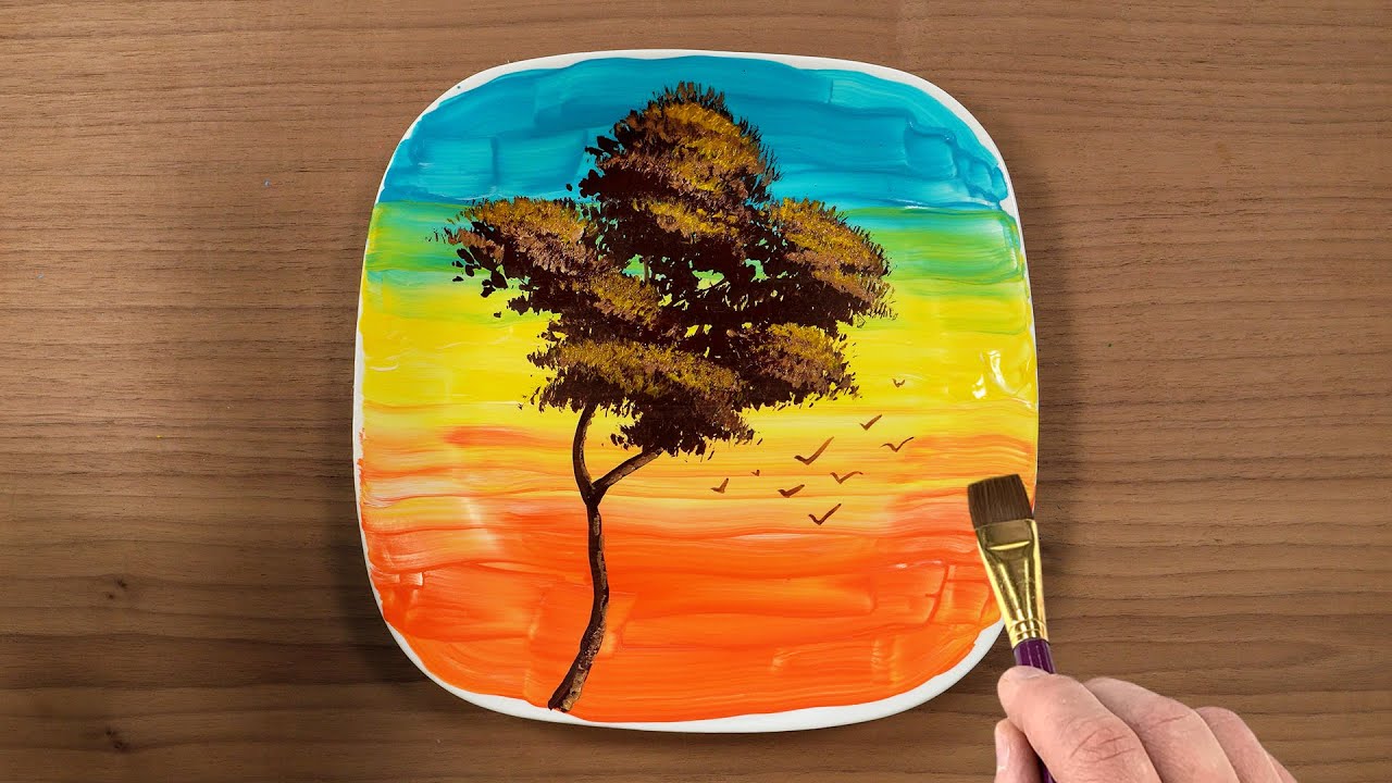 Tree Painting Landscape on Ceramic Plate Step by Step｜Satisfying Art ASMR