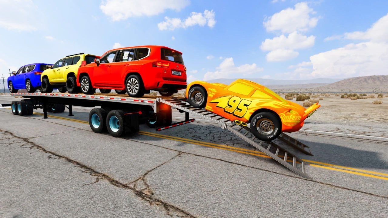 Double Flatbed Trailer Truck vs Speedbumps Train vs Cars | Tractor vs Train Beamng.Drive #103